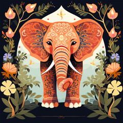 Beautiful Indian elephant decorated with ethnic ornaments painted on its body. Big festive animal prepared for a celebration and standing in a garden