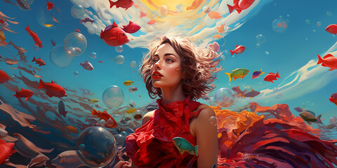 Obraz na płótnie Canvas Pretty young woman in a red dress surrounded by fish in an underwater world. Dreamy portrait of a fashionable lady under water. Girl drowning in the sea. AI-generated illustration