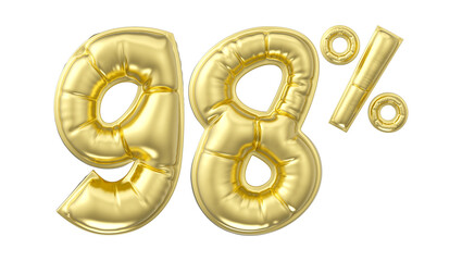 98 percent discount. Gold glossy balloon in the shape of a number. 3D rendering