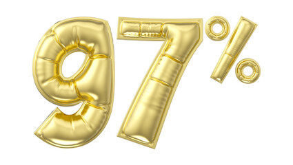 97 percent discount. Gold glossy balloon in the shape of a number. 3D rendering
