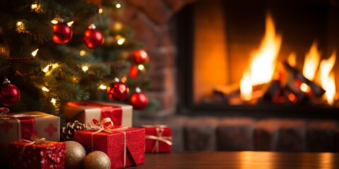 Christmas decorations and a fireplace, generative ai