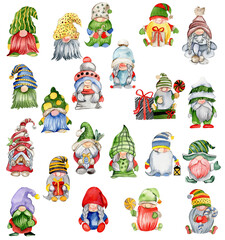 Watercolor scandinavian Christmas gnomes. Christmas decoration and characters. Watercolor elements.Design for baby shower party, birthday, cake, holiday celebration design, greetings card, invitation.