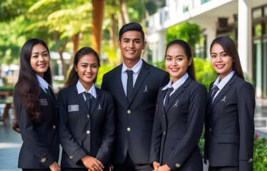Advertising portrait shot of a hotel staff team together in front of the entrance of the luxury hotel . Generative Ai