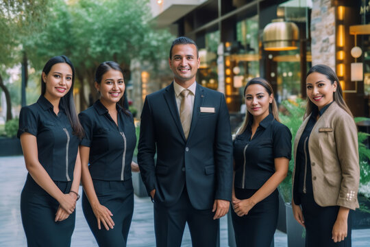 Advertising portrait shot of a hotel staff team together in front of the entrance of the luxury hotel . Generative Ai