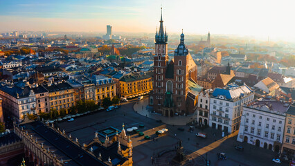 View over town with historic market square, Krakow, Poland, Europe. Krakow Market Square from above, aerial view of old city center view in Krakow. 