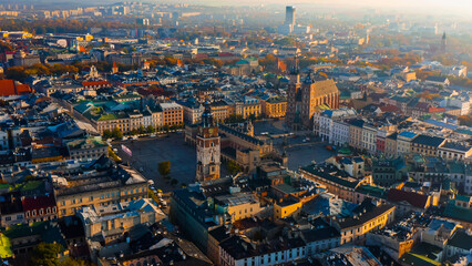 View over town with historic market square, Krakow, Poland, Europe. Krakow Market Square from above, aerial view of old city center view in Krakow. 