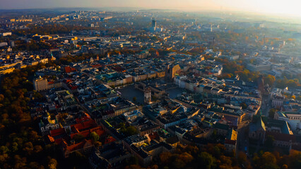 View over town with historic market square, Krakow, Poland, Europe. Krakow Market Square from above, aerial view of old city center view in Krakow. 