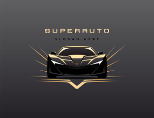 Front view sports car logo illustration on dark background. Sports luxury car icon. Motor sport vehicle emblem. Automotive showroom garage sign. Vector illustratio