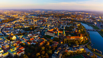 Aerial view Royal Wawel Castle and Gothic Cathedral in Cracow, Poland. 