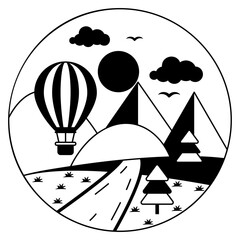 Hot air balloon with flying Birds concept, Mountain valley and river, sun in blue sky and forest vector Icon design, natural scenery in circular sign, picturesque symbol, countryside terrain stock