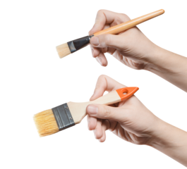 Set of hands holding thick and thin brushes, cut out