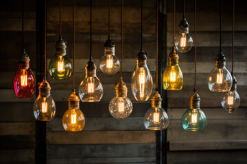 Fototapeta na wymiar Group of hanging light bulbs in front of a wooden wall. The light bulbs are of different colors and shapes, hanging from black cords, and are turned on, emitting a warm glow
