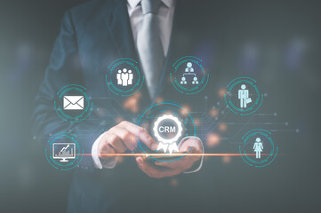 customer service, social media. digital marketing CRM concept Customer Relationship Management, Businessman touch icon with global structure customer network technology, Data exchanges development