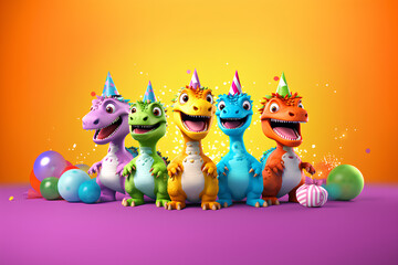 Fototapeta premium A Group of dinosaurs dino isolated on solid background advertisement, copy text space. Perfect for Birthday Parties for kids, Invites, and More! AI-Generated Image