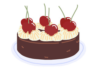 A cute chocolate cartoon cake with cherries on the blue light plate 