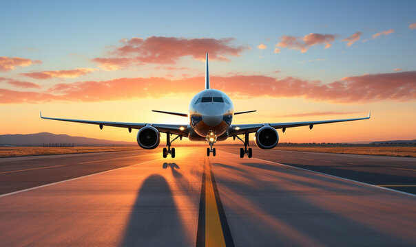 a large jetliner taking off from an airport runway at either sunset or dawn