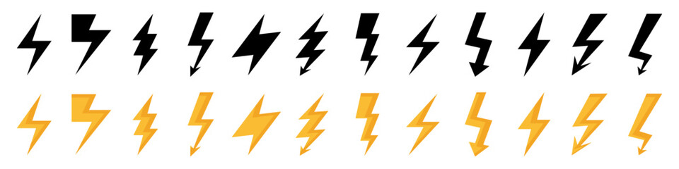 Thunder lightning icon collection. Black and orange thunderbolt icons. Vector lightning icons