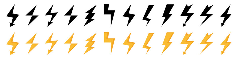 Thunder lightning icon collection. Black and orange thunderbolt icons. Vector lightning icons