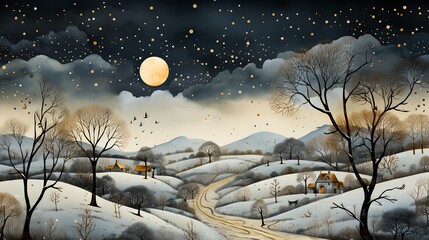 Night winter landscape, generative ai