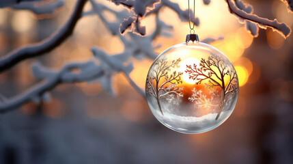 Sun's rays pass through the ball , snow and glass globe hanging from branches. Christmas lights in background.