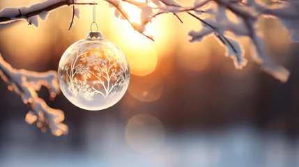 Fotobehang Sun's rays pass through the ball , snow and glass globe hanging from branches. Christmas lights in background. © tashechka