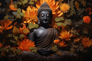 Buddha statue surrounded by orange flowers on a black background.Generative Ai