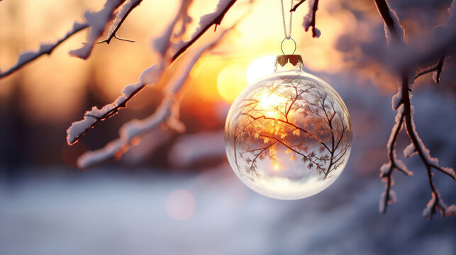 Sun's rays pass through the ball , snow and glass globe hanging from branches. Christmas lights in background.