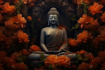 Buddha statue surrounded by orange flowers on a black background.Generative Ai