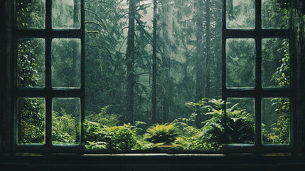 misty morning in Green forest, Looking out a window on a rainy day, background is a Green forest , Generative AI