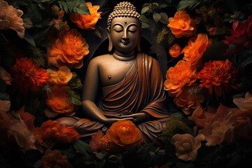 Buddha statue surrounded by orange flowers on a black background.Generative Ai