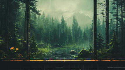 misty morning in Green forest, Looking out a window on a rainy day, background is a Green forest , Generative AI