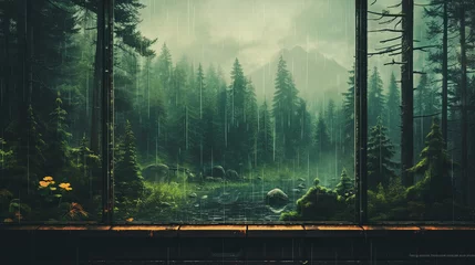 Foto op Aluminium misty morning in Green forest, Looking out a window on a rainy day, background is a Green forest , Generative AI © HappyTime19