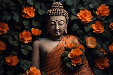 Buddha statue surrounded by orange flowers on a black background.Generative Ai