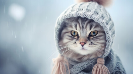 Close up photo cat in a gray knitted hat on winter background 