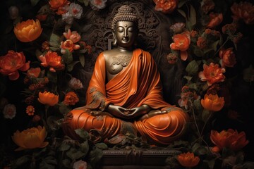 Buddha statue surrounded by orange flowers on a black background.Generative Ai