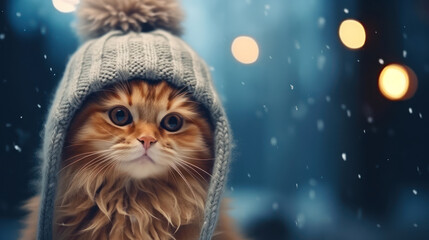 Fototapeta premium Close up photo cat in a gray knitted hat on winter background 