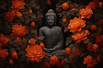 Buddha statue surrounded by orange flowers on a black background.Generative Ai