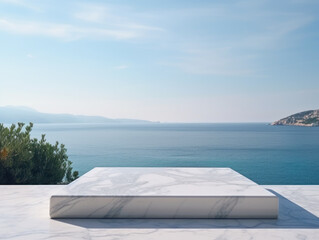 Fototapeta na wymiar White marble podium with sea view on background. High quality photo.