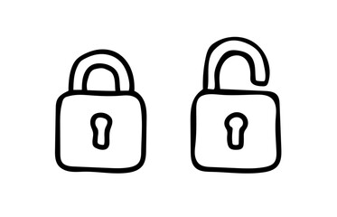 Lock security icons. Locked and unlocked padlock in hand drawn cartoon doodle style. Scribble outlined sketches (Full Vector)