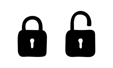 Lock security icons. Locked and unlocked padlock in hand drawn cartoon doodle style. Scribble filled sketches (Full Vector)