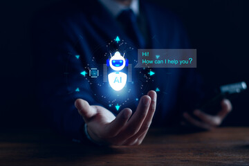 Chat bot concept. AI, Artificial Intelligence. businessman using technology smart robot chat AI,...