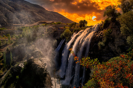 Tortum waterfall is the largest waterfall and it is one of the most remarkable natural treasures of Turkey. Beautiful waterfall view at sunset.