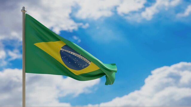 Brazil country flag waving on blue sky background. 3d video footage 