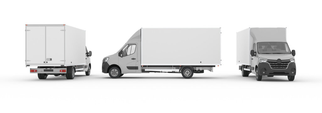 Panel Van Mockup 3D Rendering, Delivery box truck advertising mockup, Cargo Express Van Vehicle, Pickup car on white background mock-up. It is easy ad some creative design or logo to this blank space