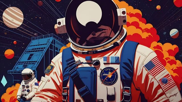 Astronaut in a spacesuit flies in deep space animation. Dreamy cosmic animation, bright colors illustrations, transformations and metamorphose. AI generated video