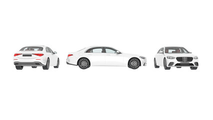 Three Dimensional view front, back, and side view of a white car, Mockup, or advertising empty car isolated on white background