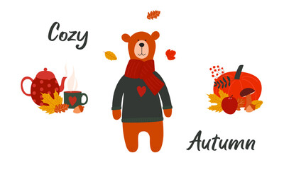 Fototapeta premium Autumn cute and cozy color isolated elements with hot tea, mushrooms, pumpkin, acorn, bear and autumn leaves. Vector flat illustration