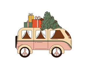 Hand drawn retro bus with Christmas tree and holiday gifts.   Winter decoration design.