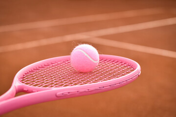 Pink tennis ball on tennis racket for Breast Cancer Awareness Month concept October, breast cancer...
