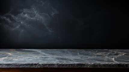 For product display, an exquisite empty black marble stone table top with a stunning view background. generative AI
